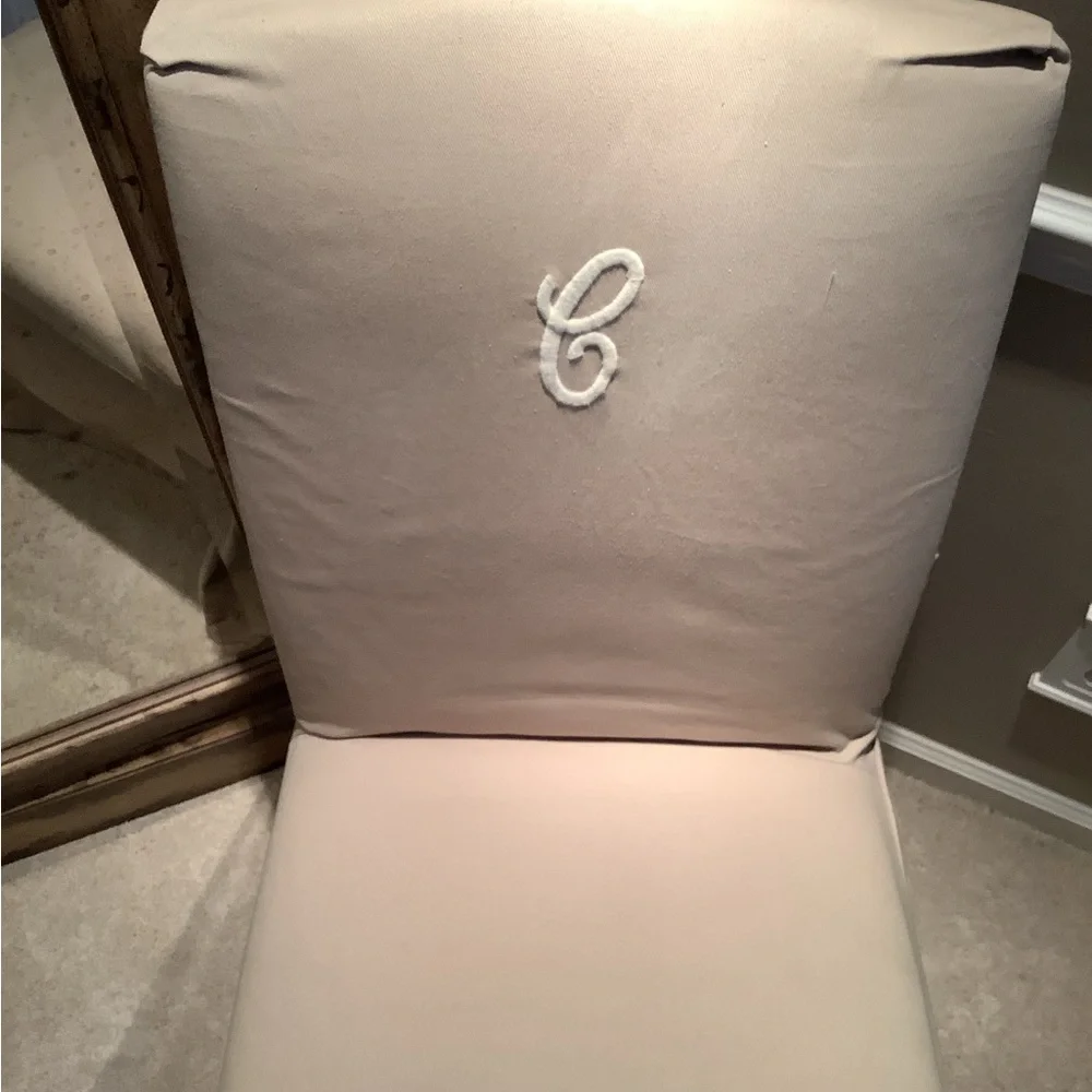 BALLARD DESIGN TAUPE TWILL PARSONS CHAIR COVER. WHITE EMBROIDERED “C”